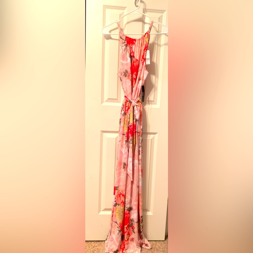 New York & Company Stretch Pink Floral Halter Maxi Dress